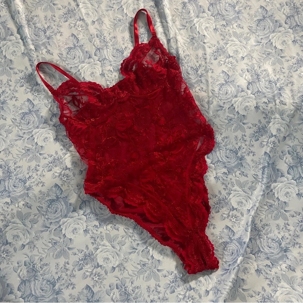 Vintage Lace Teddy 90s One Piece Lingerie Red High Cut Valentines Day Coquette
